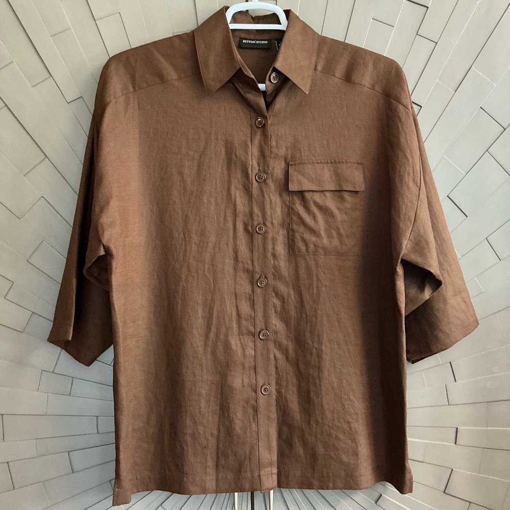 Sutton Studio Chocolate Brown Linen Button Down Shirt 3/4 Sleeves